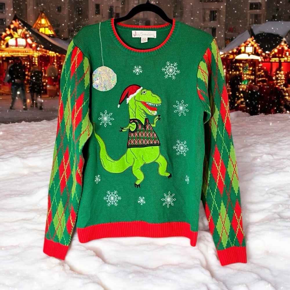 Jolly Sweaters Ugly Christmas Sweater Disco Dancing Dinosaur Men's Size Medium